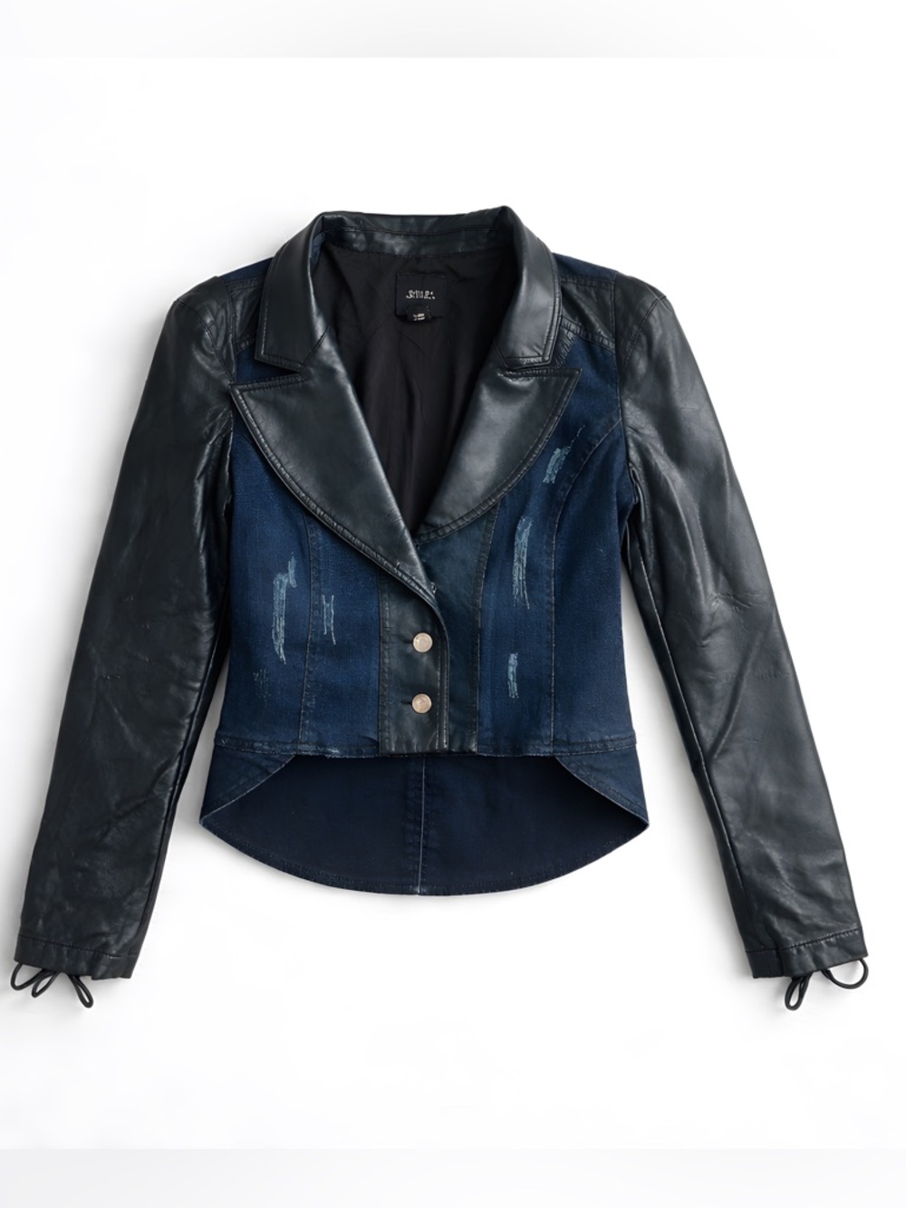 Guess Navy Denim and Black Leather Mixed-Media Jacket